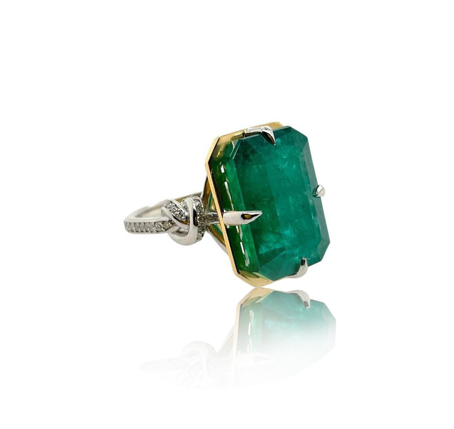 One of a Kind 15ct Forget Me Knot Emerald ring in 22ct Yellow Gold & Platinum