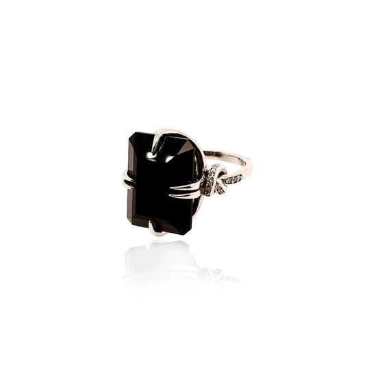 Forget Me Knot Onyx ring with Diamonds in 18ct white gold
