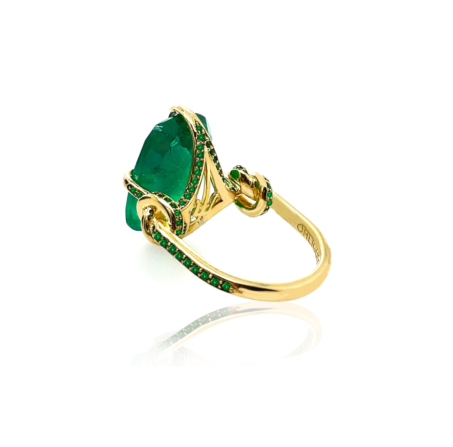 One Of A Kind 12.68ct Cushion Cut Emerald Forget Me Knot ring with emeralds