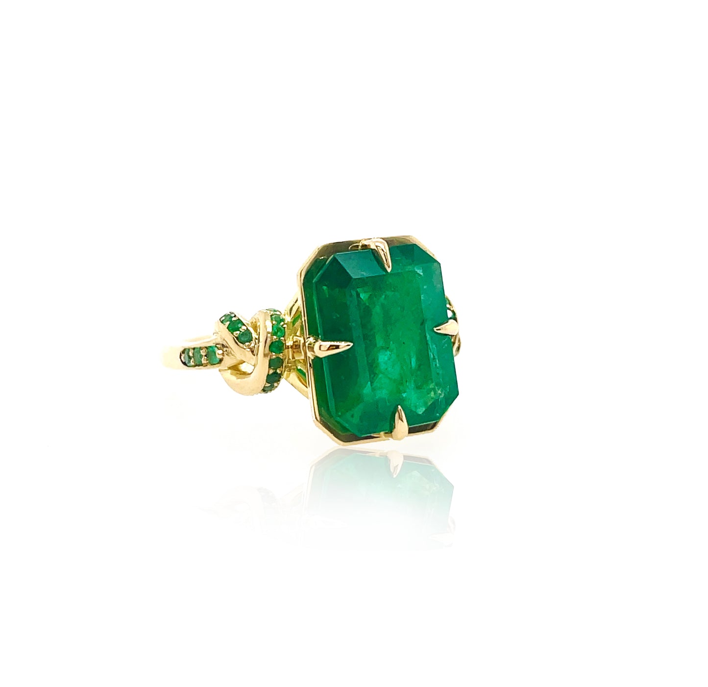 3ct Emerald Forget Me Knot ring with Emeralds in 18ct yellow gold