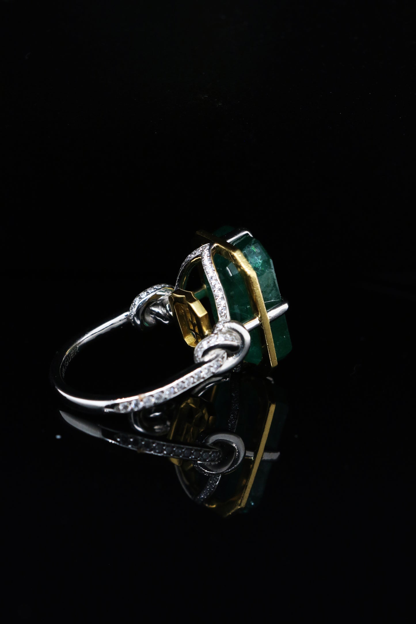 One of a Kind 15ct Forget Me Knot Emerald ring in 22ct Yellow Gold & Platinum