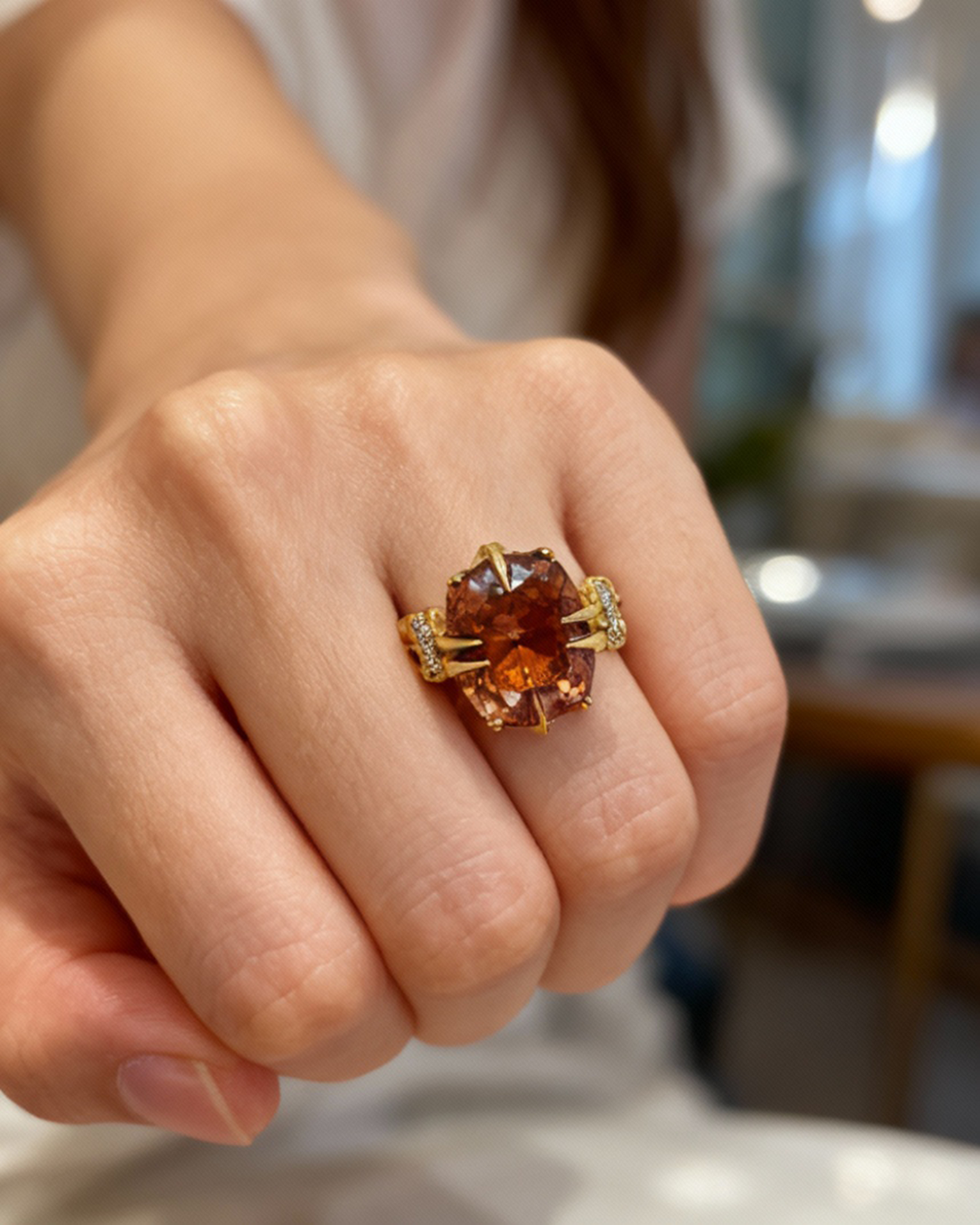 One of a Kind Reef Knot and Peach Tourmaline ring in 18ct Yellow Gold