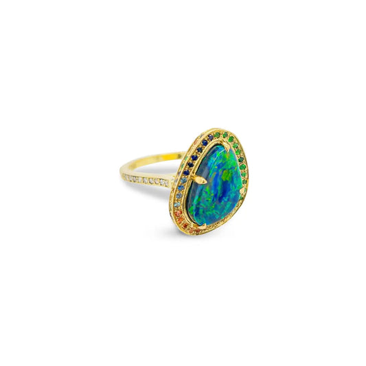 Black Opal & Rainbow sapphire ring in 18ct yellow gold