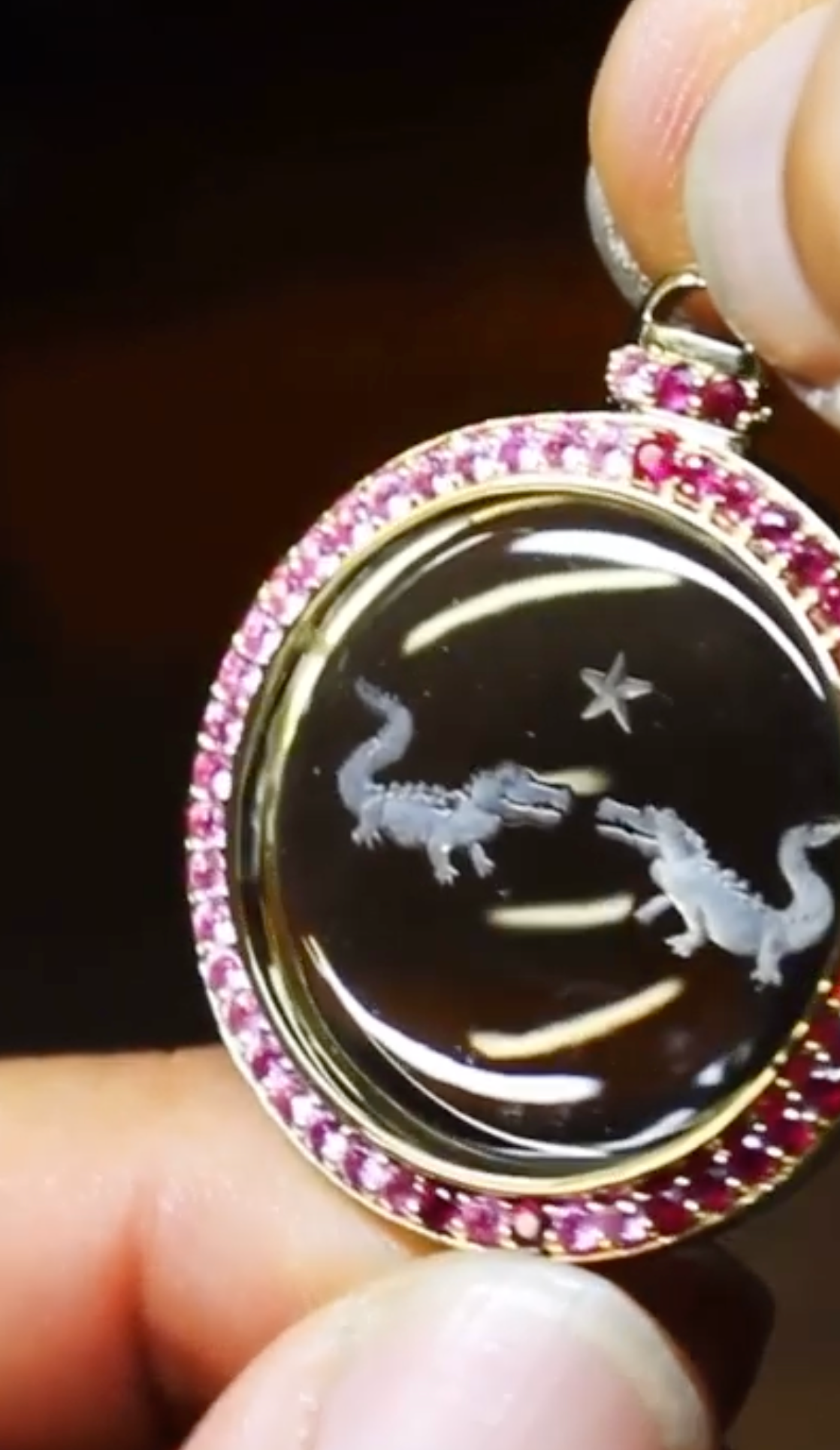 Lovers Croc Looking Glass Pendant in Diamonds, Rubies and Pink Sapphire