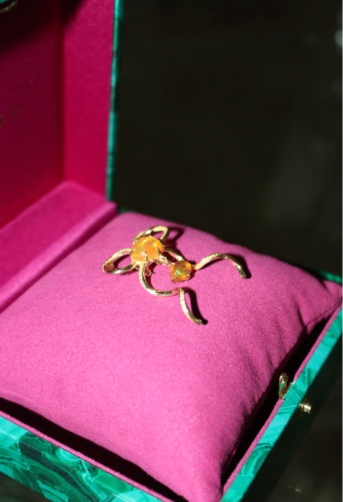 One of Kind Knot Brooch Bow Pendant with Fire Opal and Yellow Diamonds