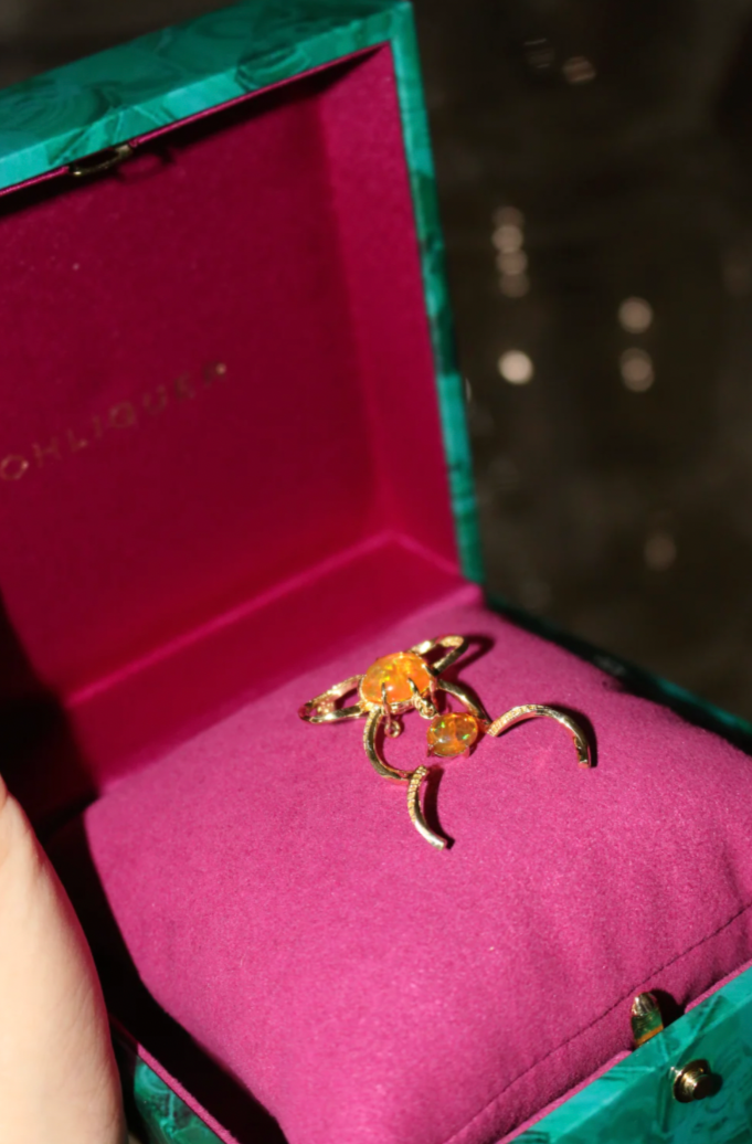 One of Kind Knot Brooch Bow Pendant with Fire Opal and Yellow Diamonds