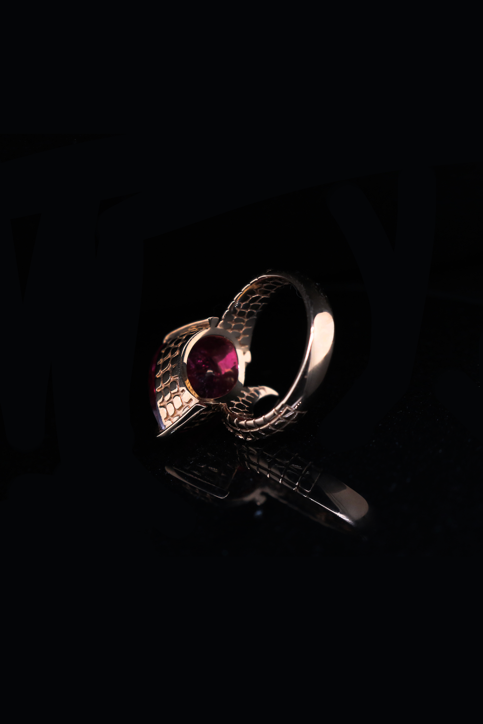 One of a Kind Croc Tail Ring with 4ct Pear Cut Rubelite in 18ct Rose Gold