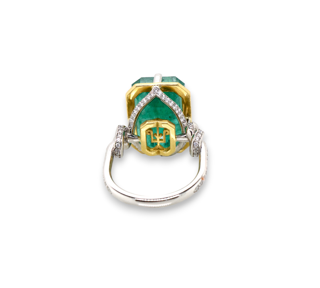 One of a Kind 15ct Forget Me Knot Emerald ring in 22ct Yellow Gold & Platinum
