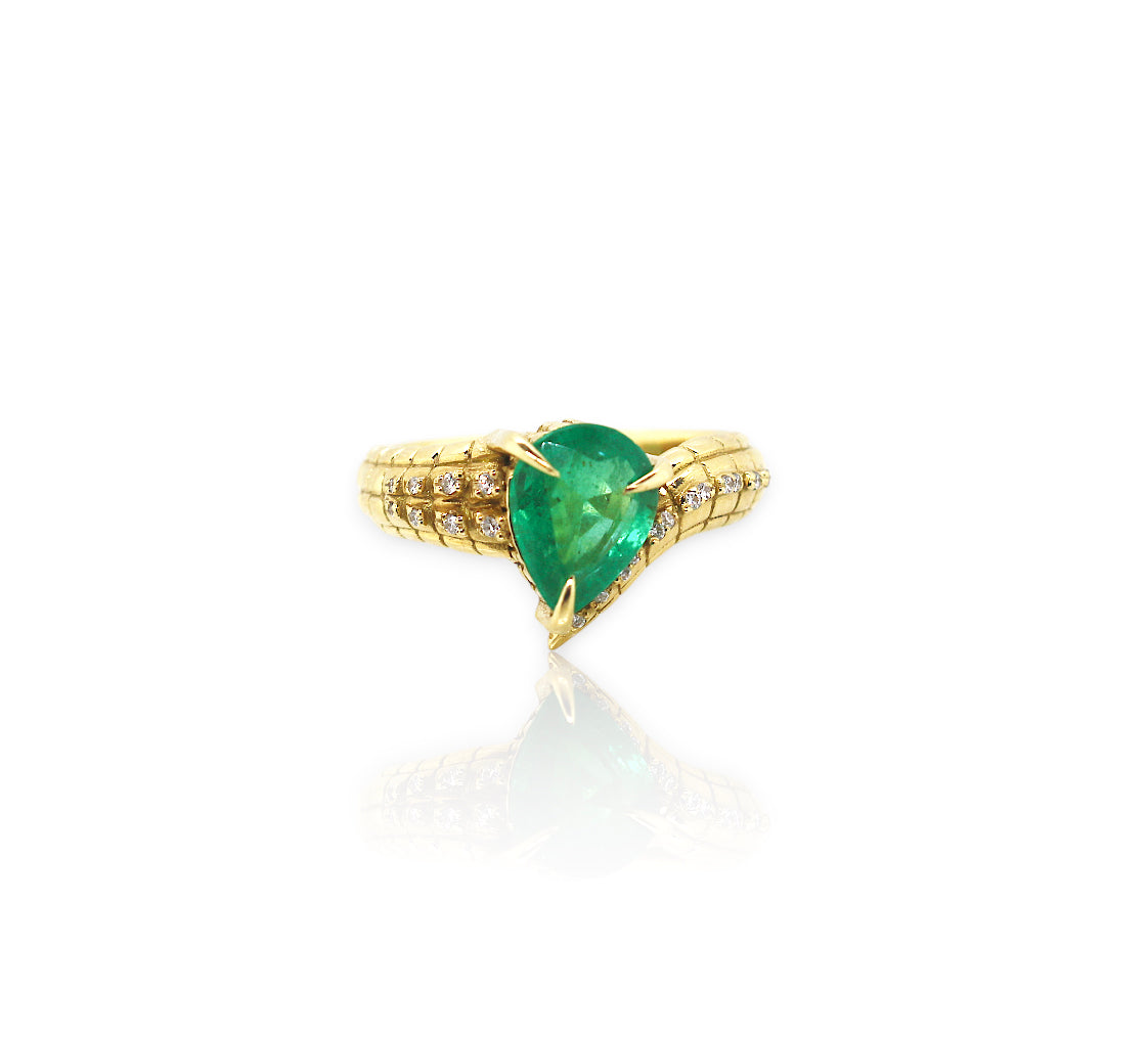 One of a Kind Croc Tail ring with 1.57ct pear cut Emerald with diamond spikes