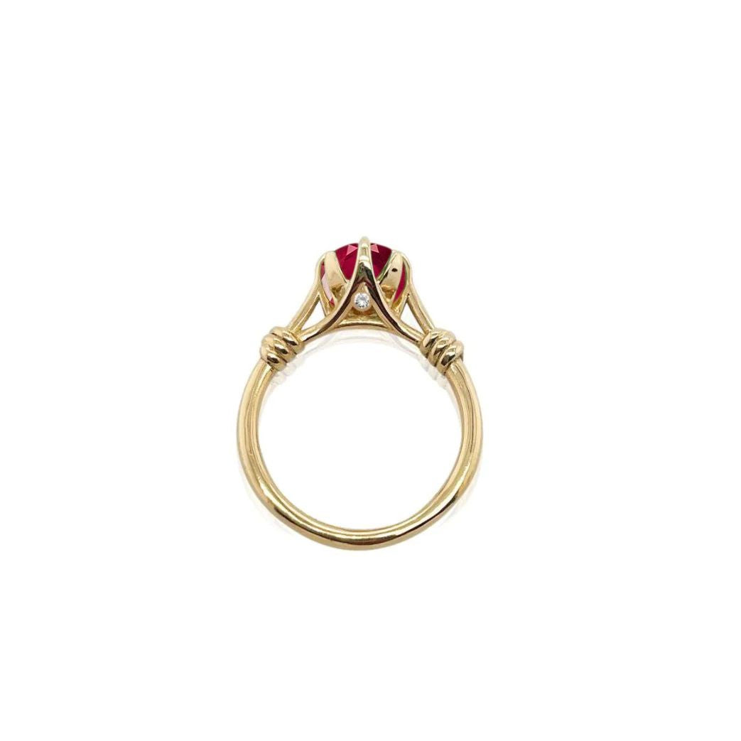 1ct Forget Me Knot Round Ruby with petals and diamonds in 18ct yellow gold