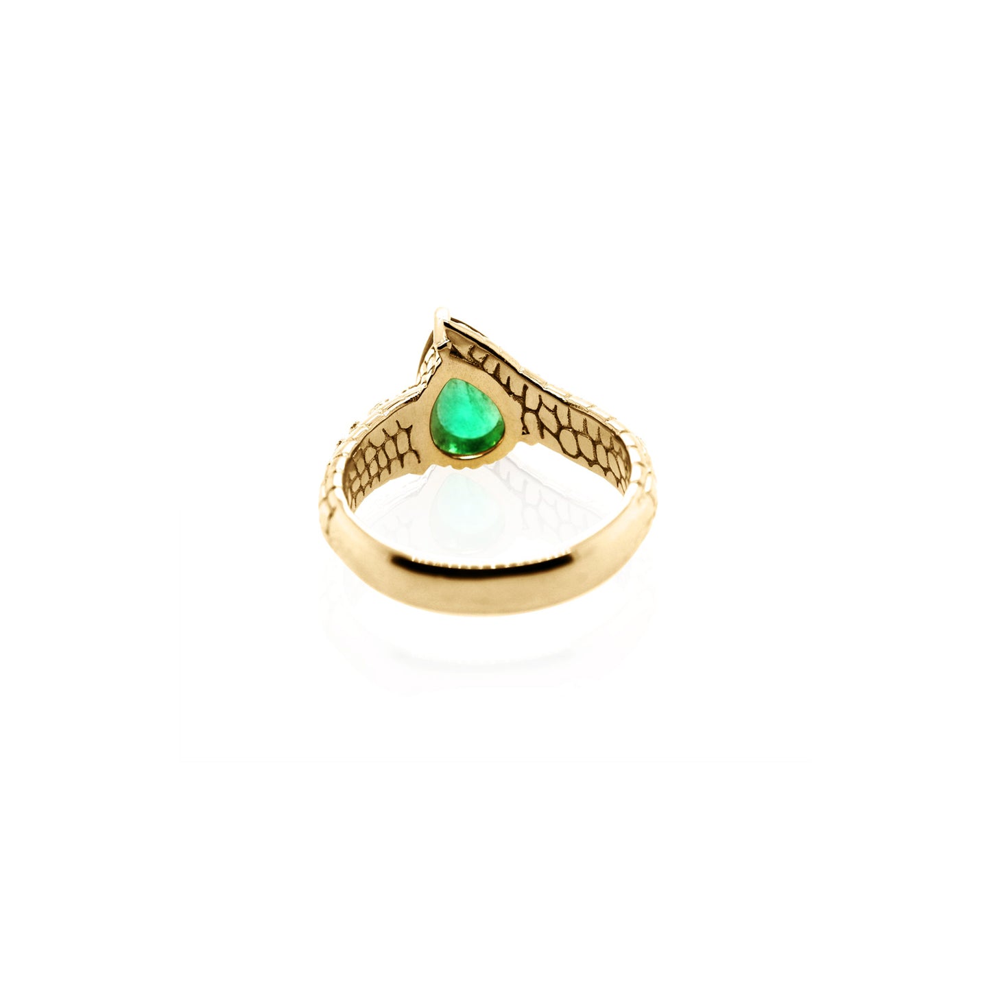 One of a Kind Croc Tail ring with 1.57ct pear cut Emerald with diamond spikes