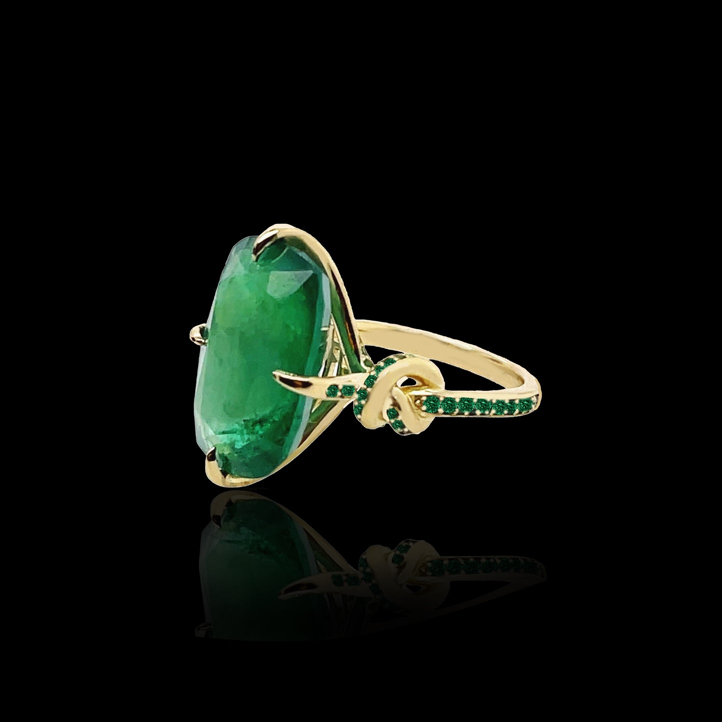 One Of A Kind 12.68ct Cushion Cut Emerald Forget Me Knot ring with emeralds