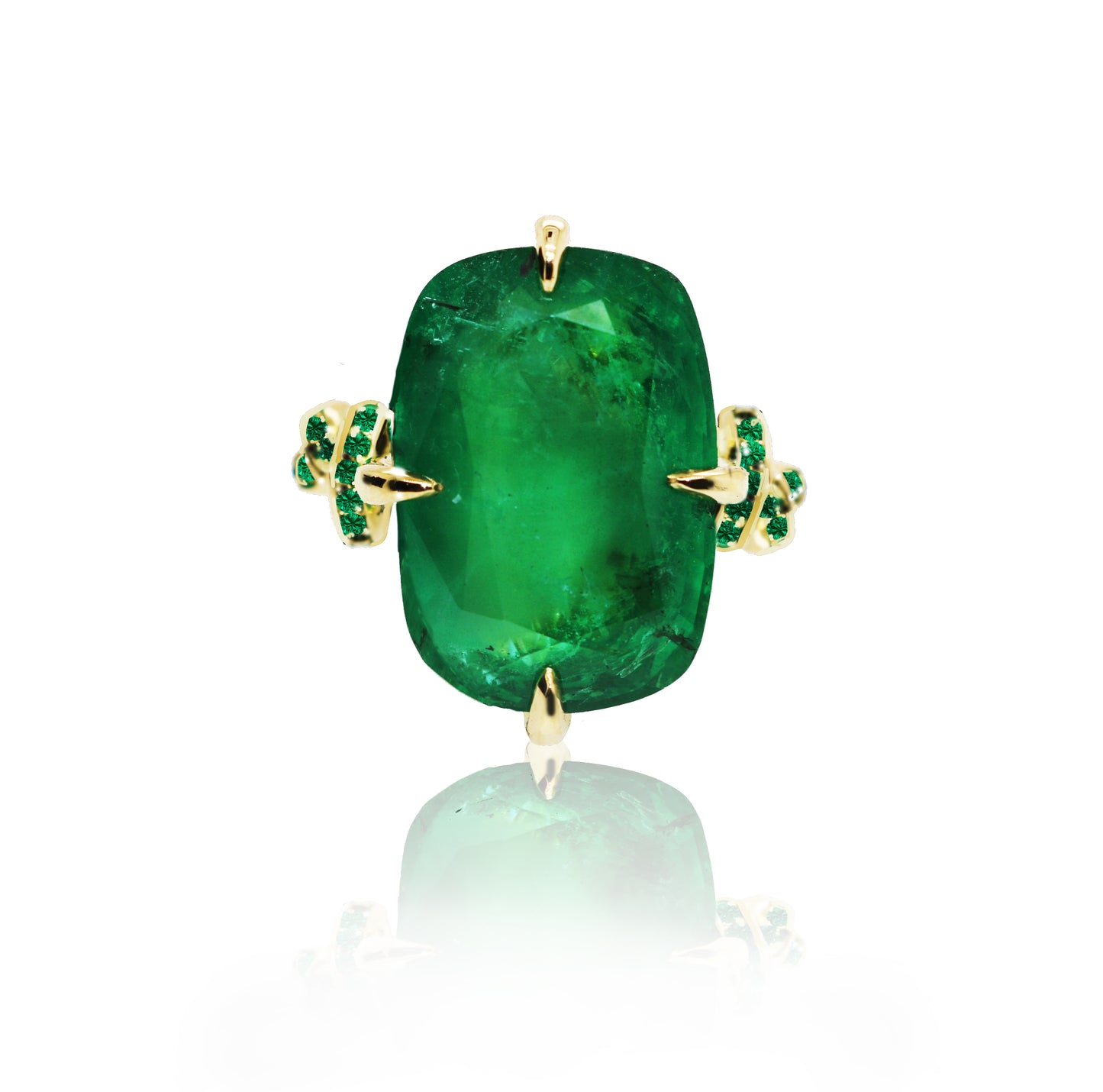 One Of A Kind 12.68ct Cushion Cut Emerald Forget Me Knot ring with emeralds