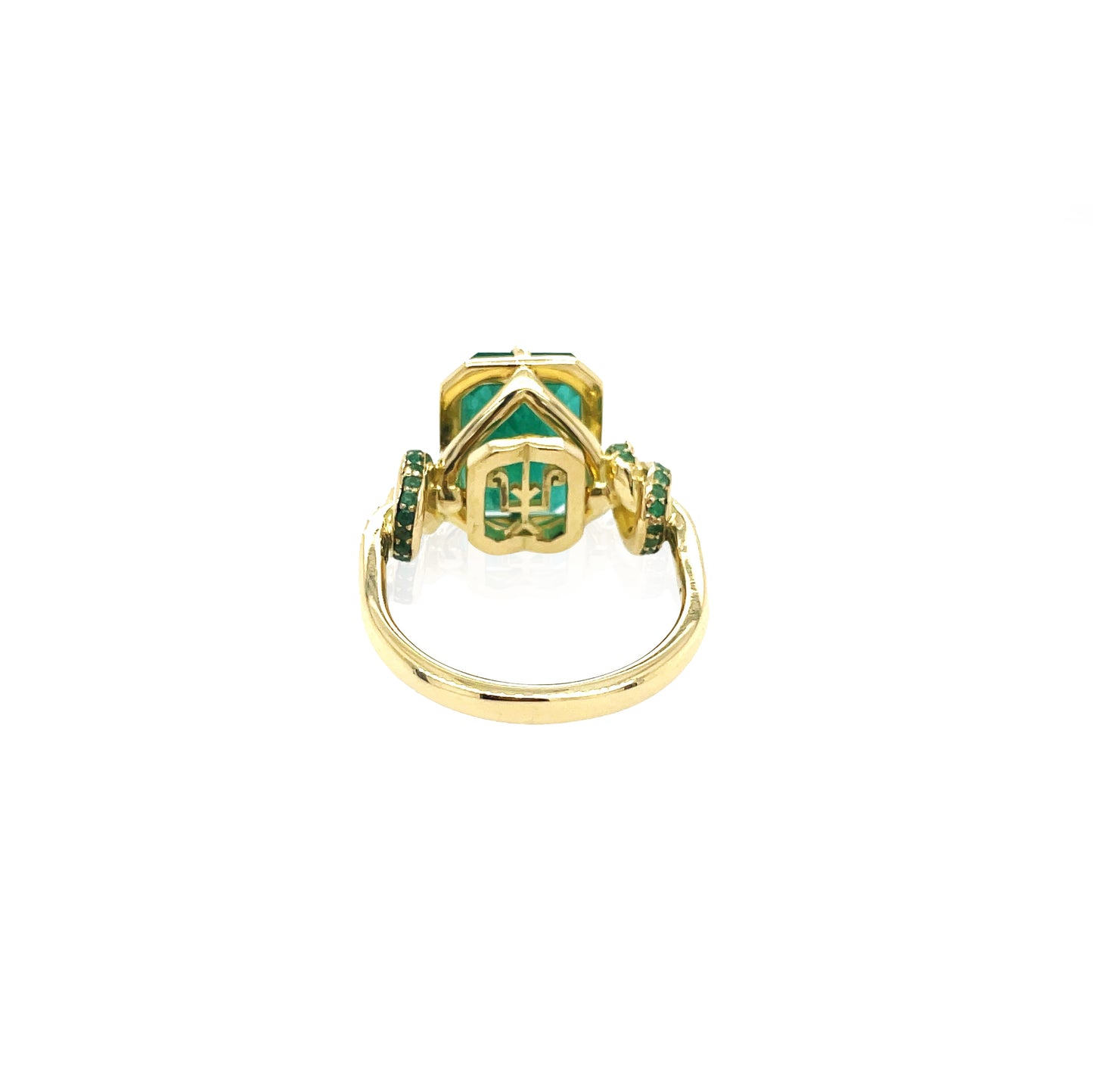 3ct Emerald Forget Me Knot ring with Emeralds in 18ct yellow gold
