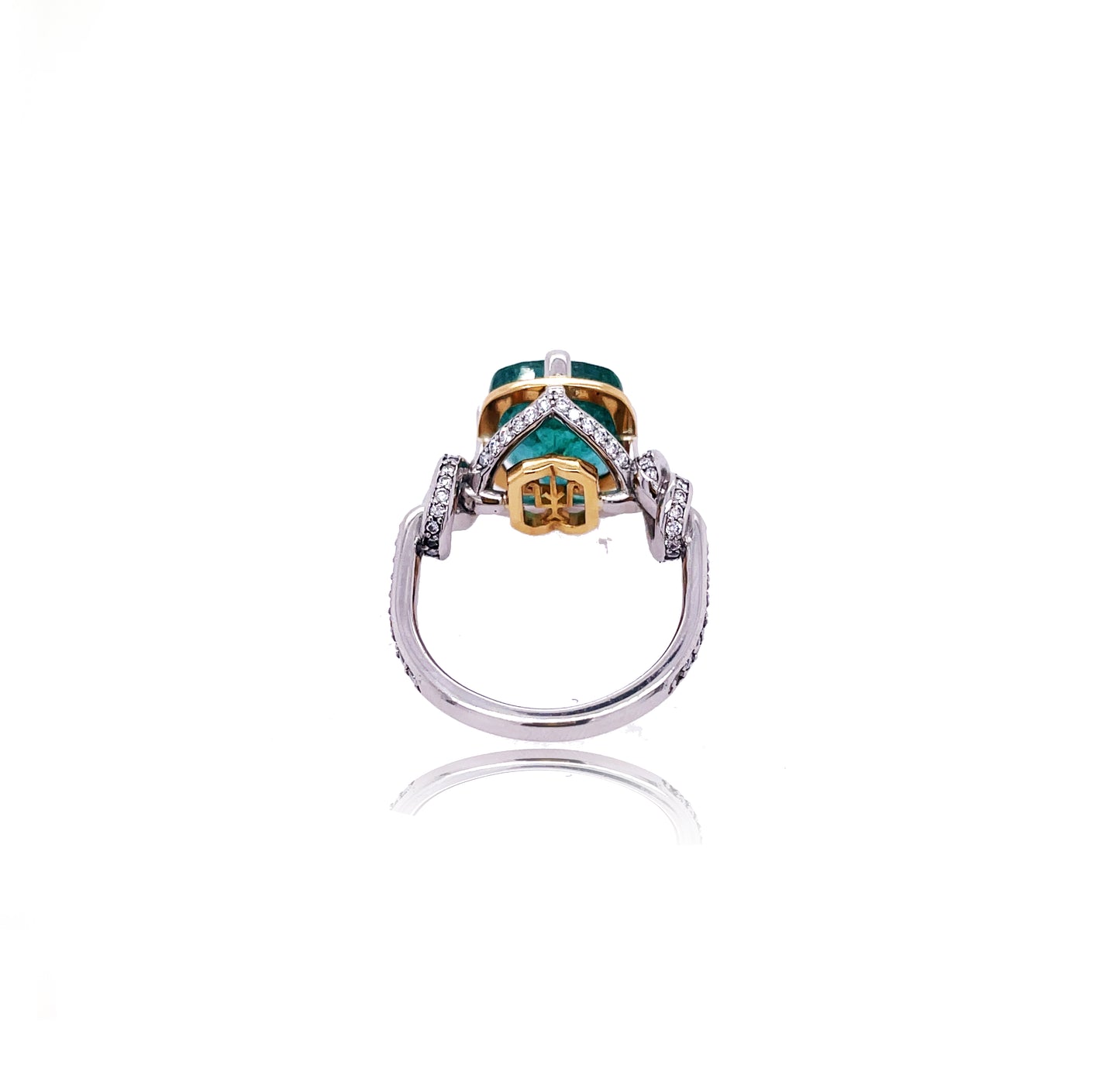 One of a Kind 4.96ct Emerald Forget Me Knot Cushion Cut ring in 22ct Yellow Gold & Platinum