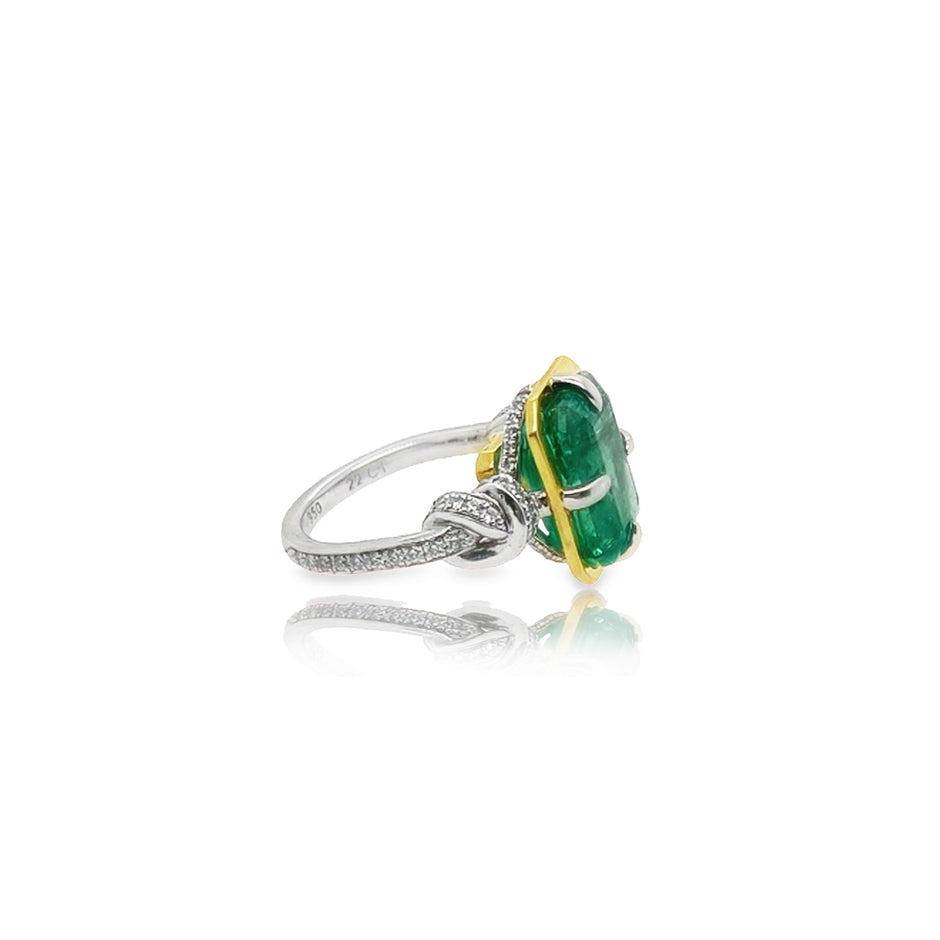 One of a Kind 5.70ct Forget Me Knot Emerald ring in 22ct Yellow Gold & Platinum