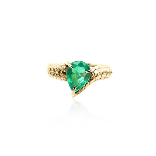 Croc Tail ring with 1.57ct pear cut Emerald with diamond spikes