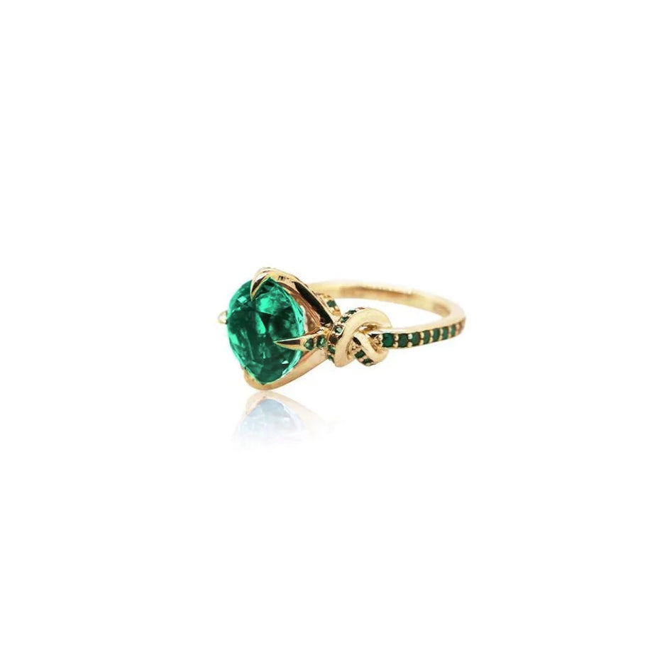 2ct Forget Me Knot ring with Round Brilliant Cut Emerald and Emeralds in 18ct yellow gold