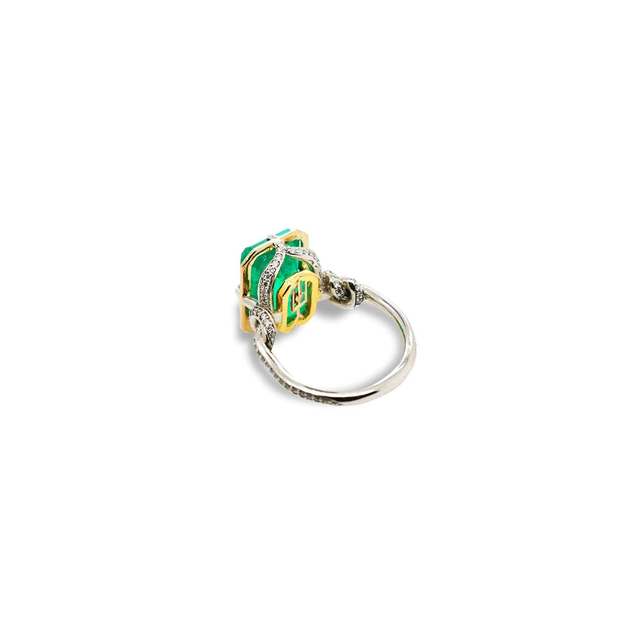 One of a Kind 8ct Forget Me Knot Emerald ring in 22ct Yellow Gold & Platinum