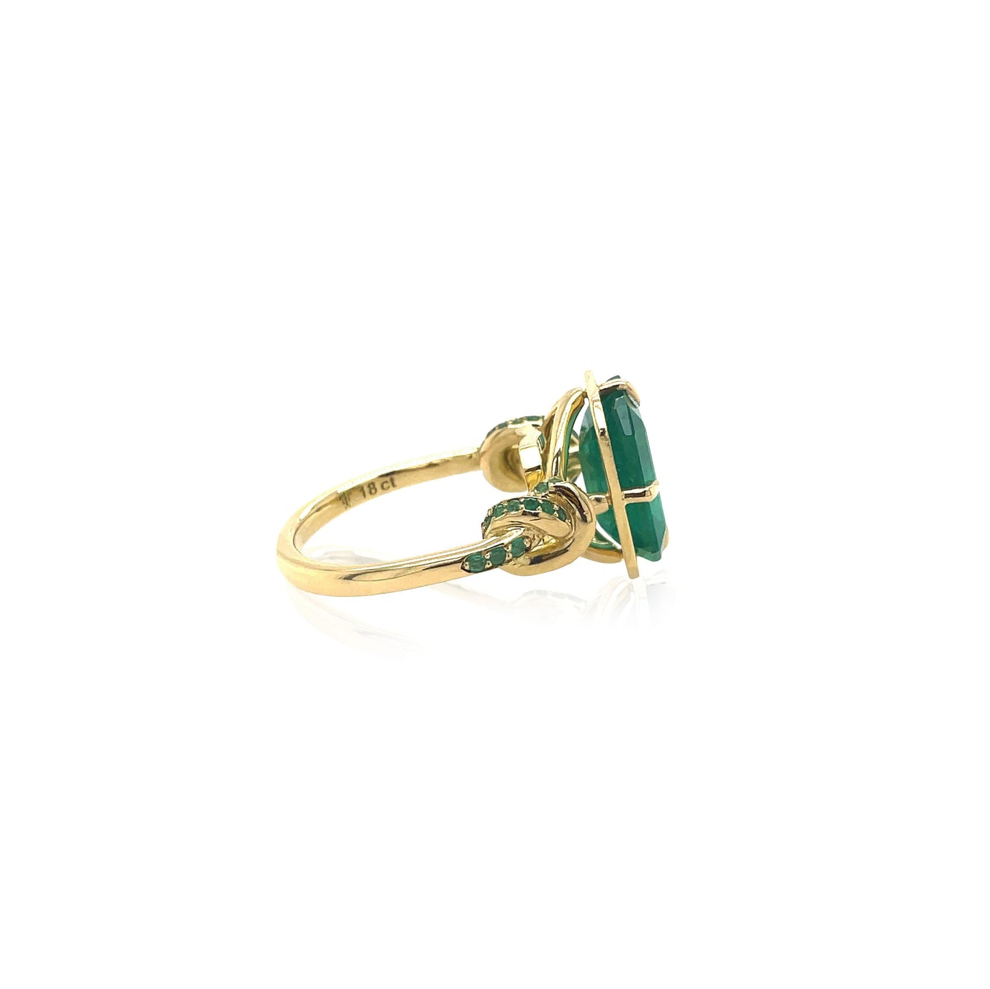 3ct Emerald Forget Me Knot ring with Emeralds in 18ct yellow gold