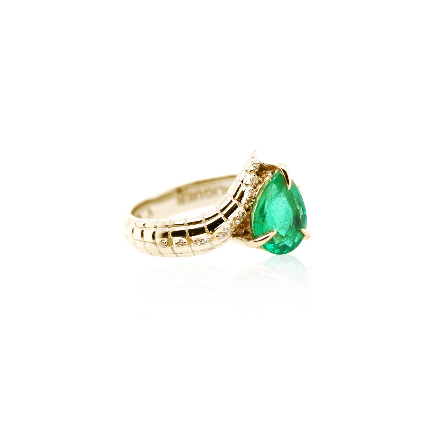One of a Kind Croc Tail ring with 1.57ct pear cut Emerald with diamond spikes