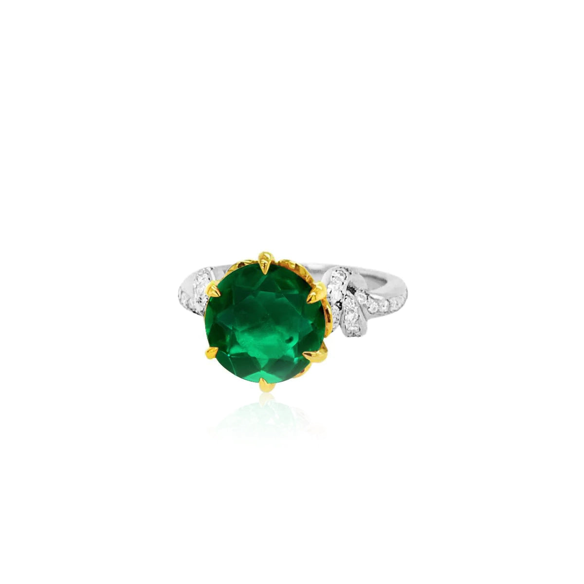 3ct Forget Me Knot Ring with Round Brilliant Cut Emerald in 18ct yellow gold and Platinum