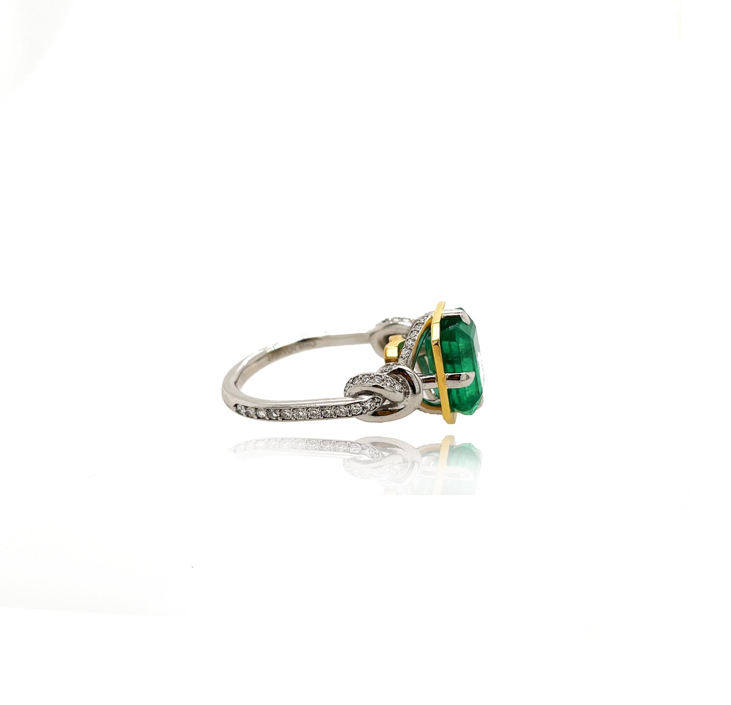 One of a Kind 4ct Emerald Forget Me Knot Emerald Cut ring in 22ct Yellow Gold & Platinum