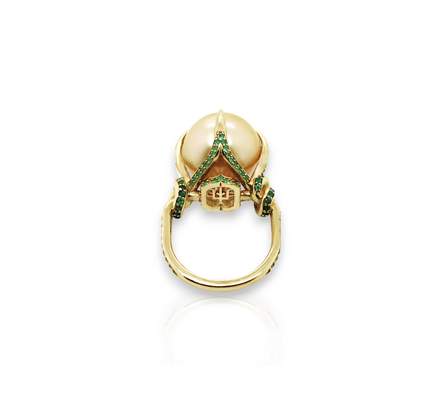 One of a Kind Golden South Sea Pearl & Emerald Forget Me Knot Ring in 18ct Yellow gold