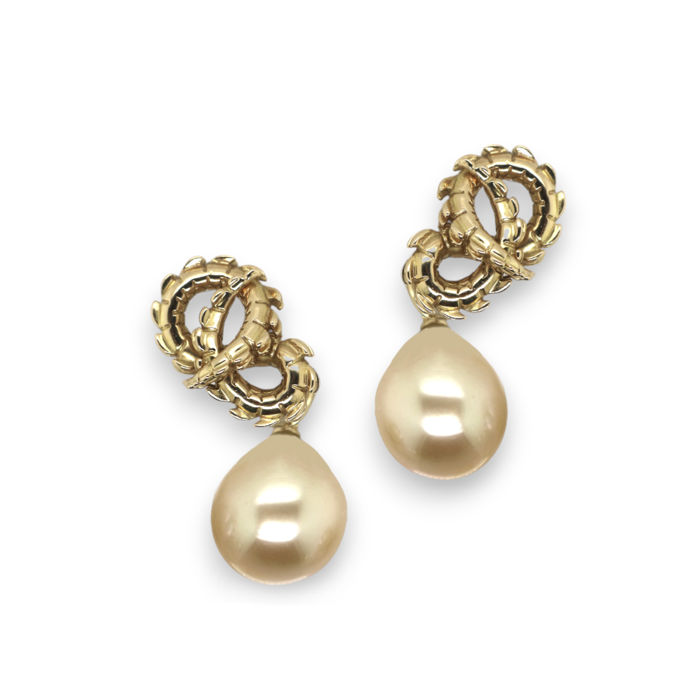 Lovers Croc Tail Earrings with Golden South Sea Pearls in 18ct Yellow Gold and Yellow Diamonds