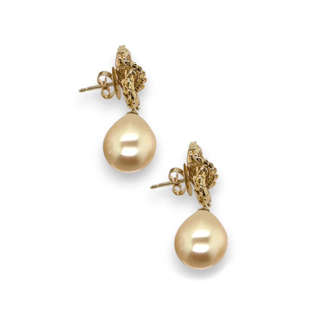 Lovers Croc Tail Earrings with Golden South Sea Pearls in 18ct Yellow Gold and Yellow Diamonds
