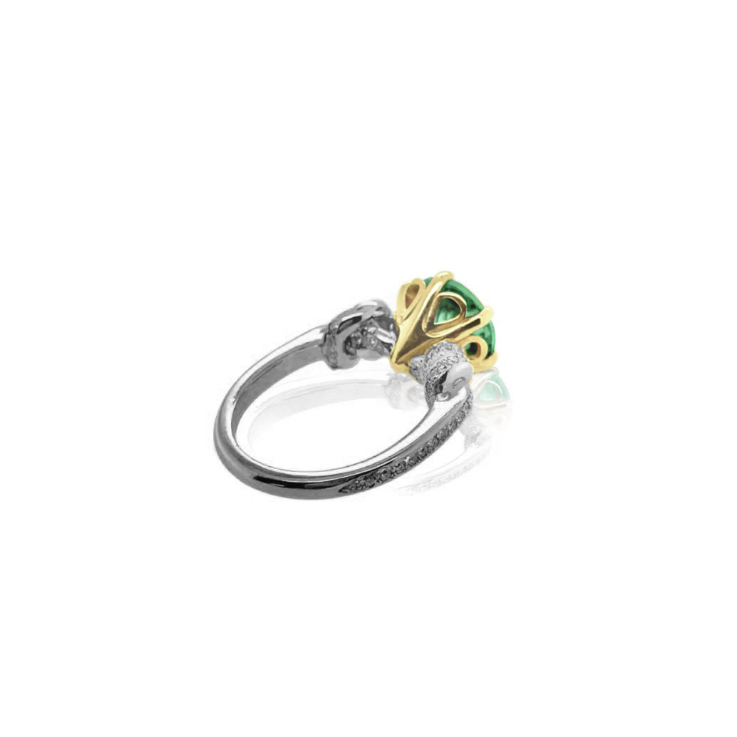 3ct Forget Me Knot Ring with Round Brilliant Cut Emerald in 18ct yellow gold and Platinum