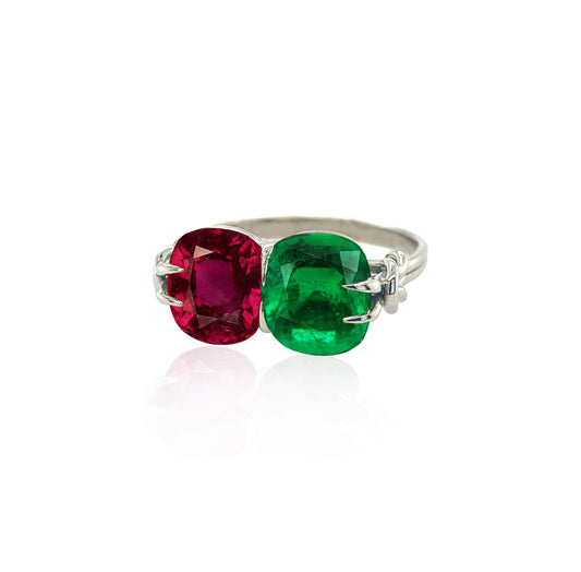 Emerald & Ruby in Reef Knot Ring in 18ct White Gold