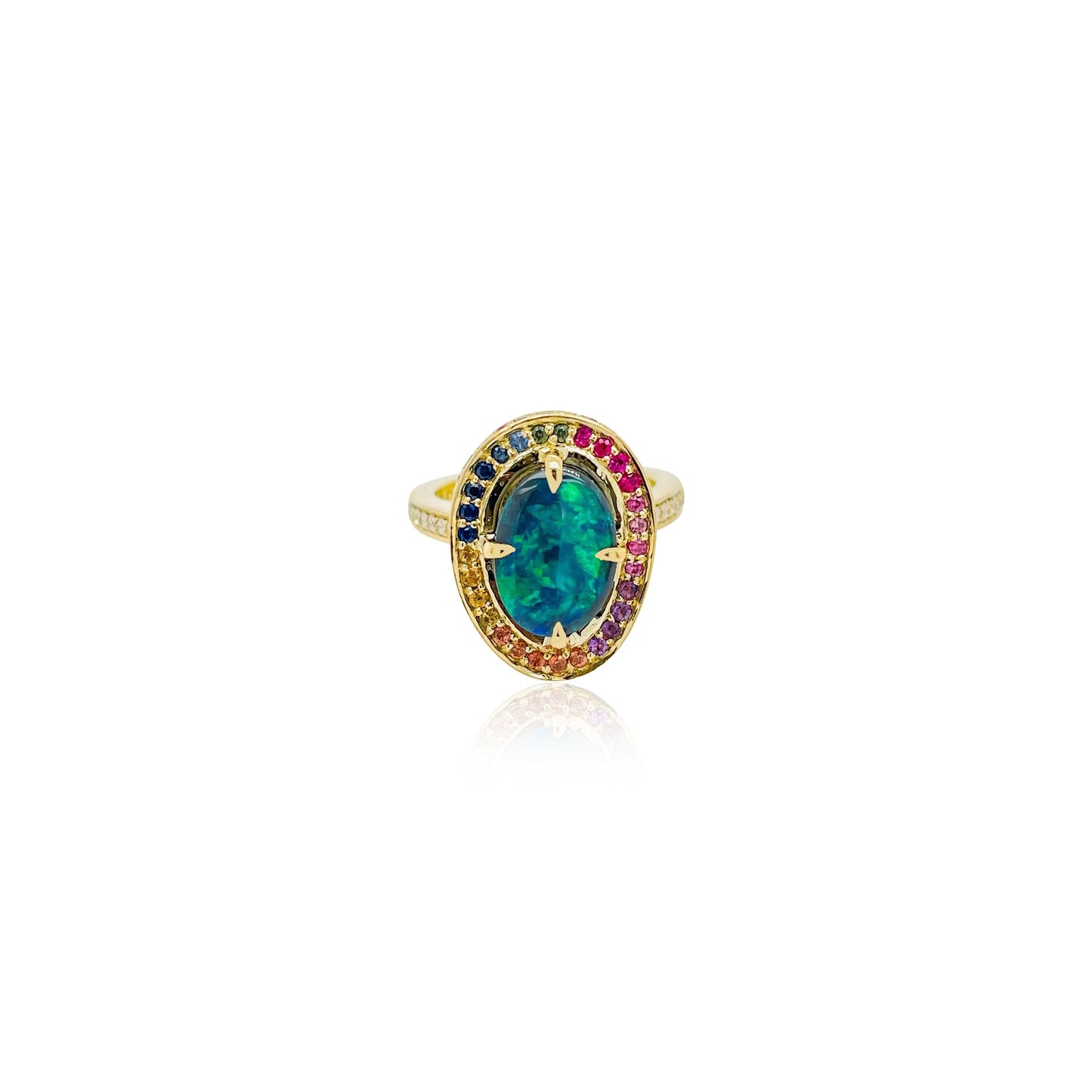 Black Opal & Rainbow sapphire and diamond ring in 18ct yellow gold