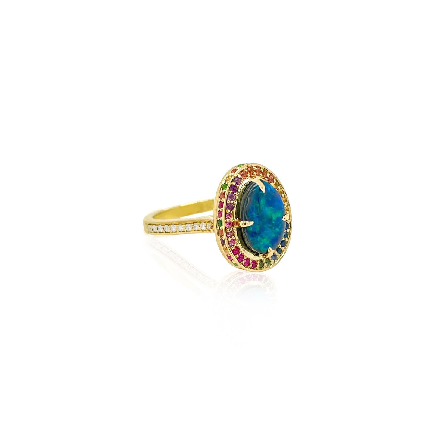 Black Opal & Rainbow sapphire and diamond ring in 18ct yellow gold