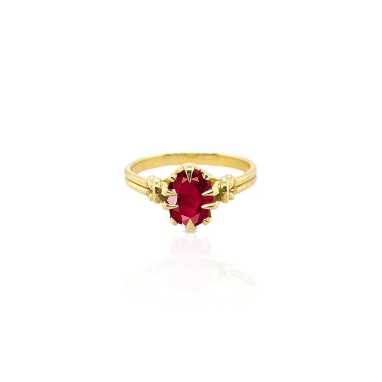 Oval Cut Ruby in Reef Knot ring in 18ct Yellow Gold