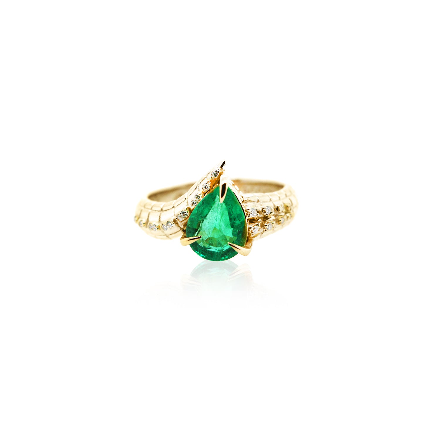 One of a Kind Croc Tail ring with 1.57ct pear cut Emerald with diamond spikes
