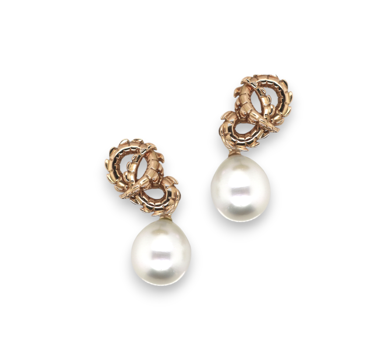 Lovers Croc Tail Earrings with White South Sea Pearls in 18ct Rose Gold