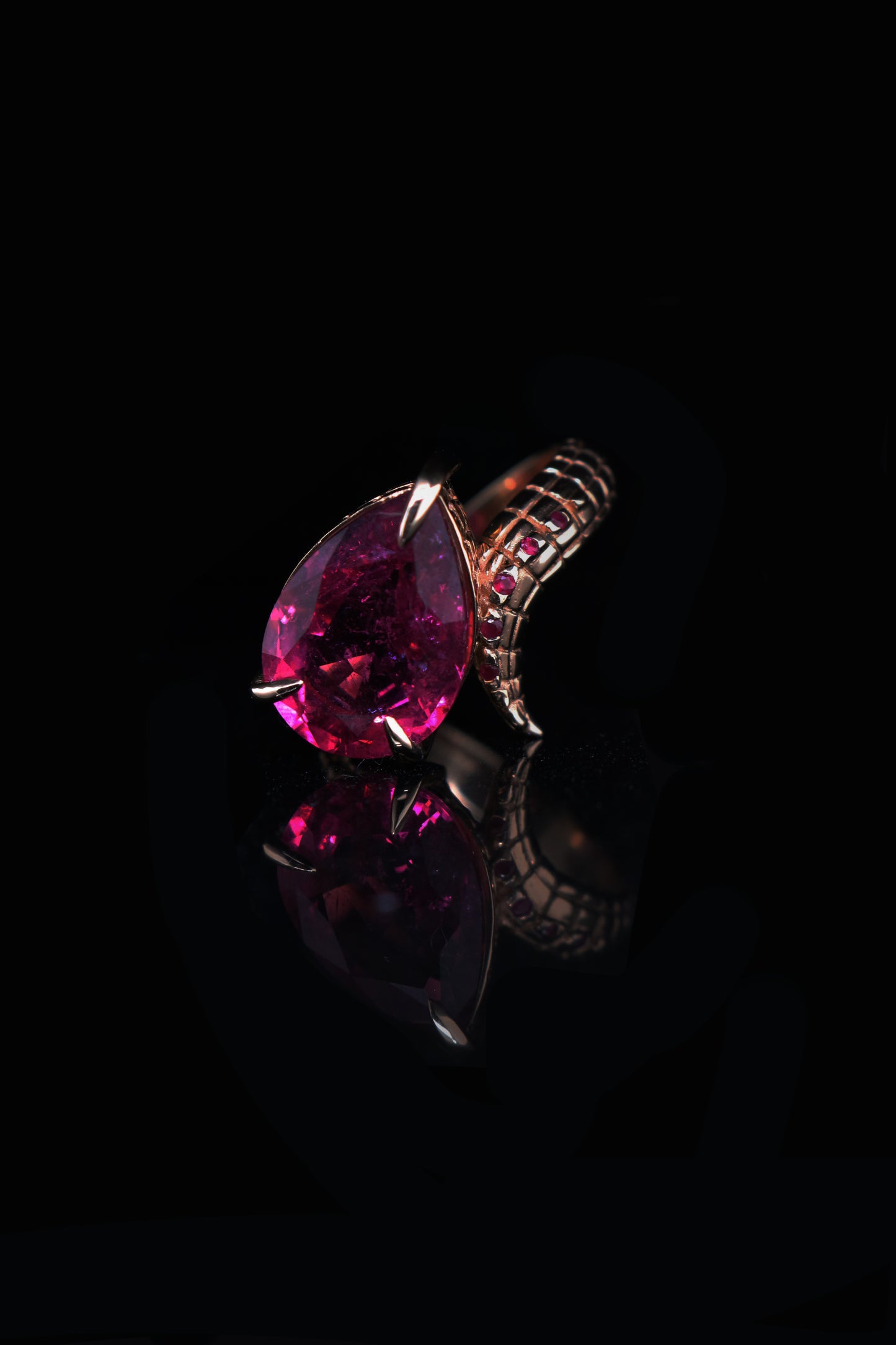 One of a Kind Croc Tail Ring with 4ct Pear Cut Rubelite in 18ct Rose Gold