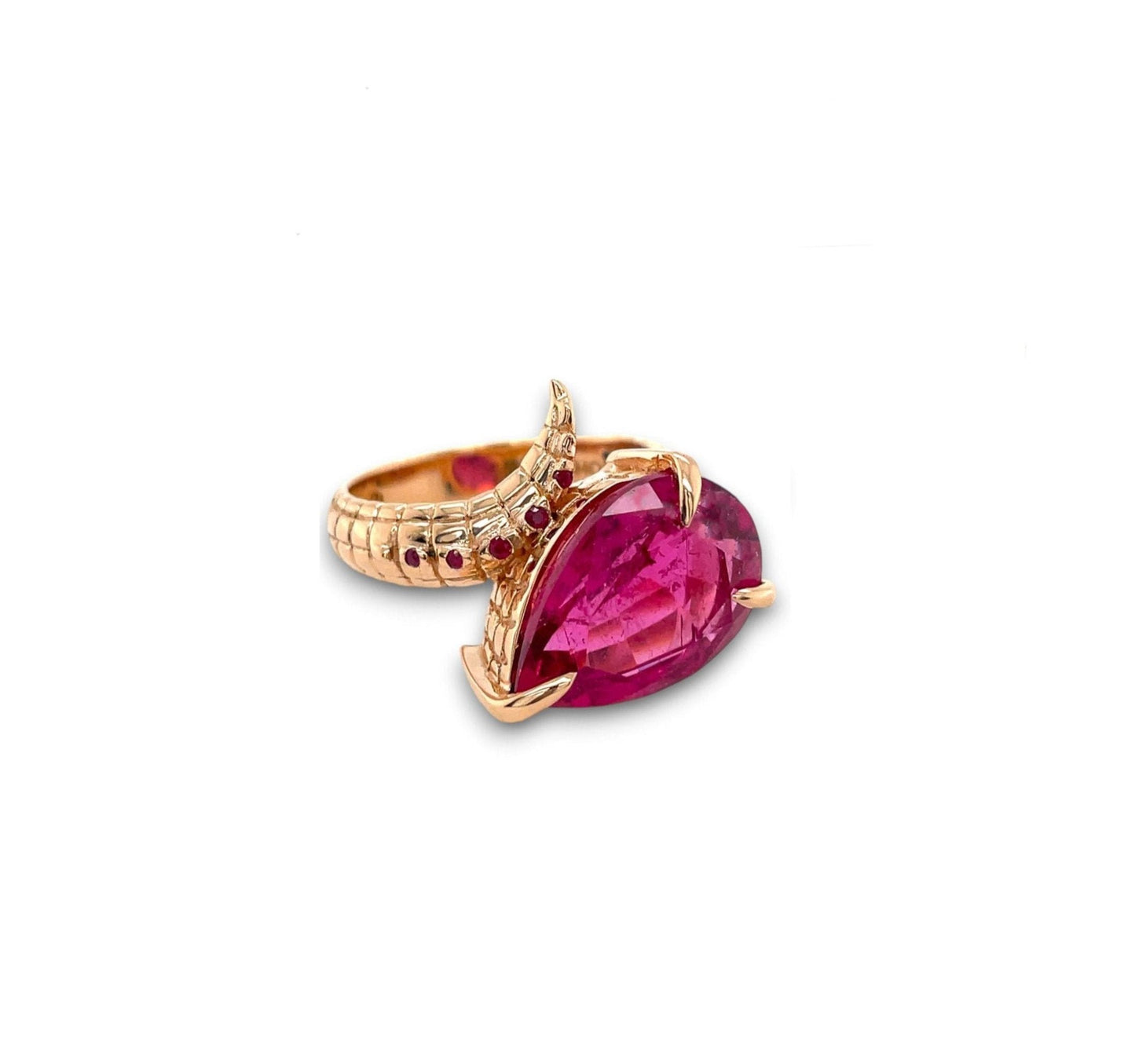 One of a Kind Croc Tail Ring with 4ct Pear Cut Rubelite in 18ct Rose Gold