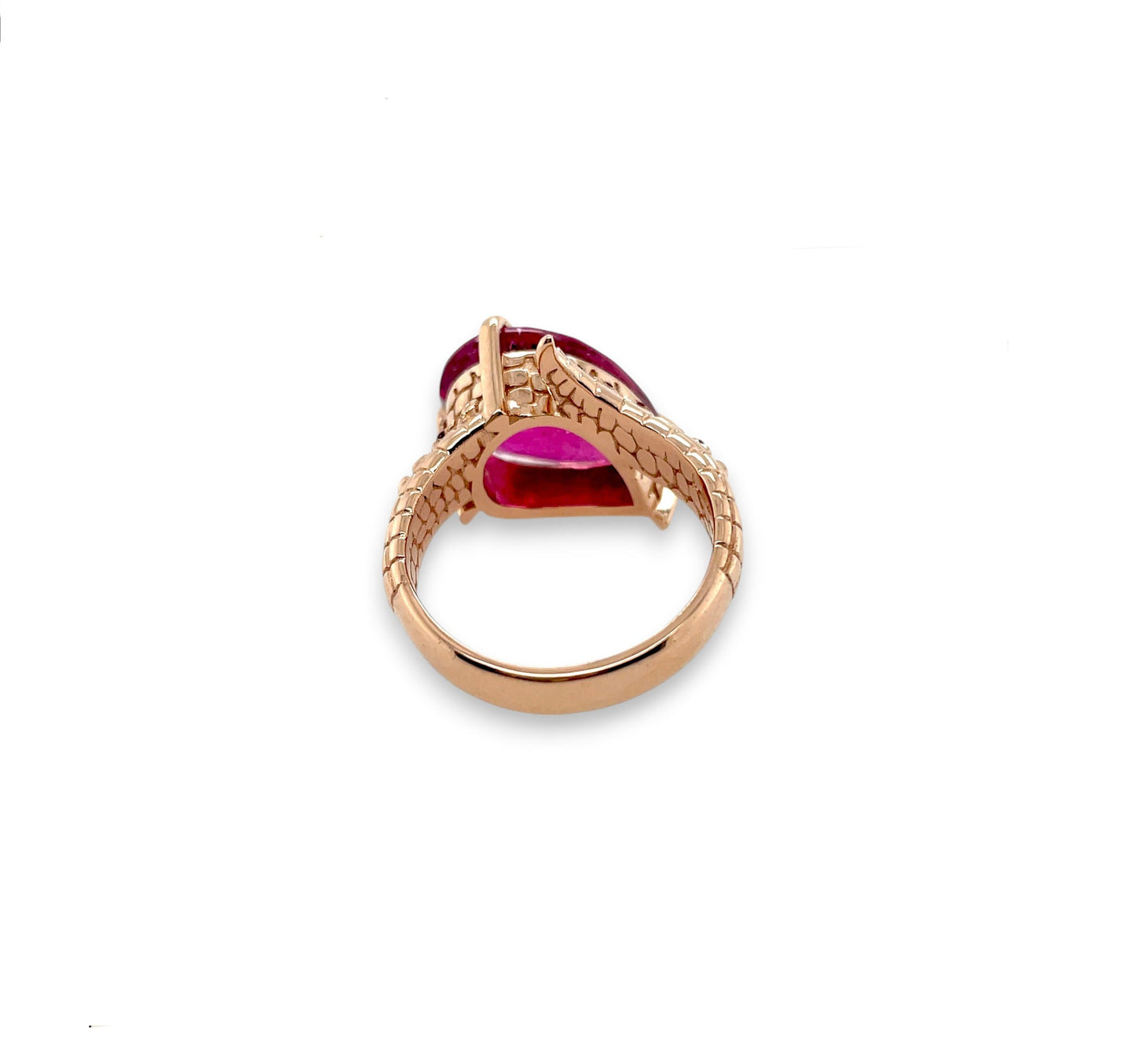 One of a Kind Croc Tail Ring with 4ct Pear Cut Rubelite in 18ct Rose Gold