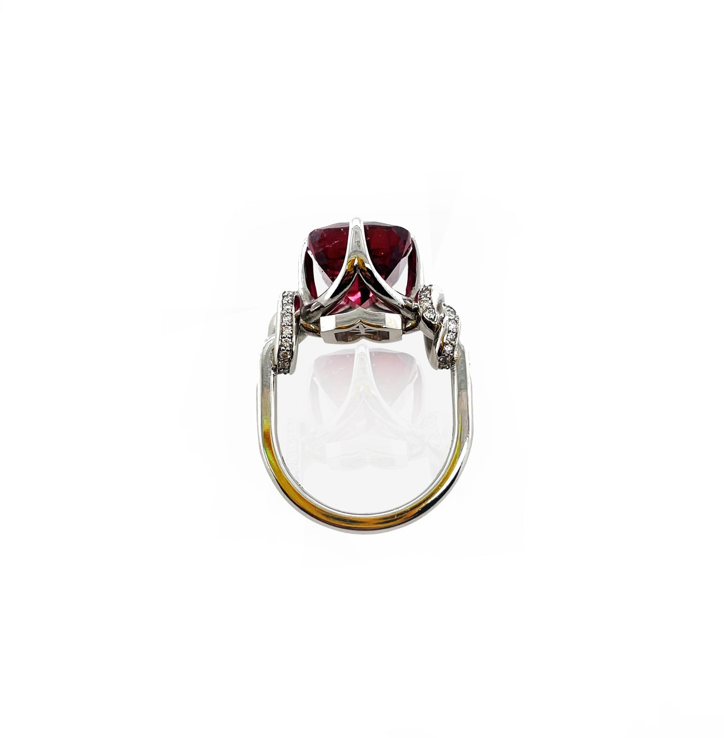 Forget Me Knot Emerald Cut Rubelite ring in platinum and diamonds