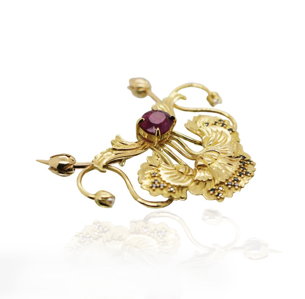 One of a Kind Ruby & Black Diamond Poppy Brooch Pendant
