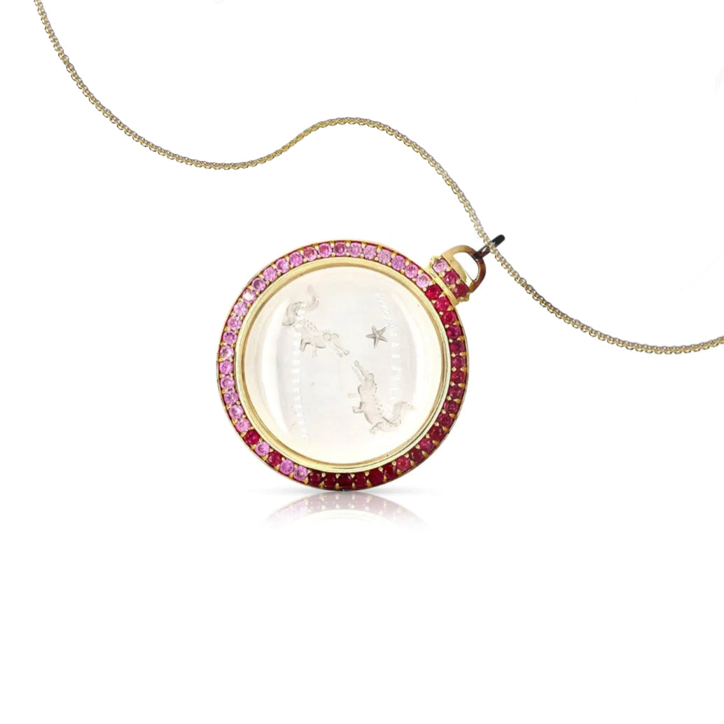 Lovers Croc Looking Glass Pendant in Diamonds, Rubies and Pink Sapphire