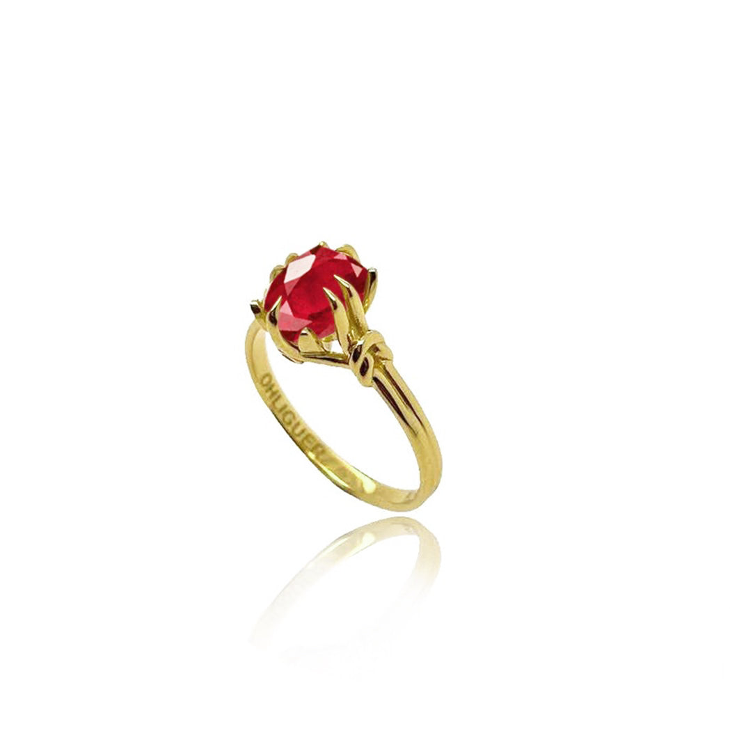 Oval Cut Ruby in Reef Knot ring in 18ct Yellow Gold