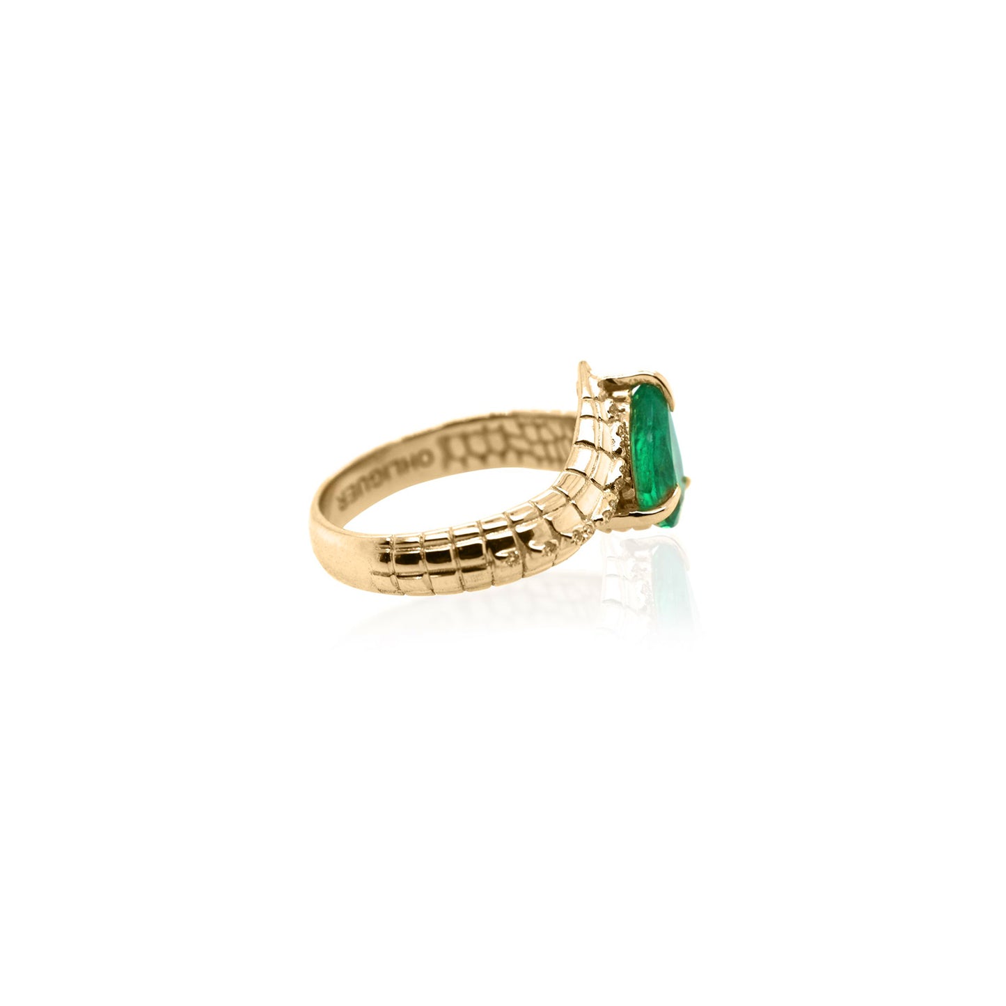 One of a Kind Croc Tail ring with 1.57ct pear cut Emerald with diamond spikes