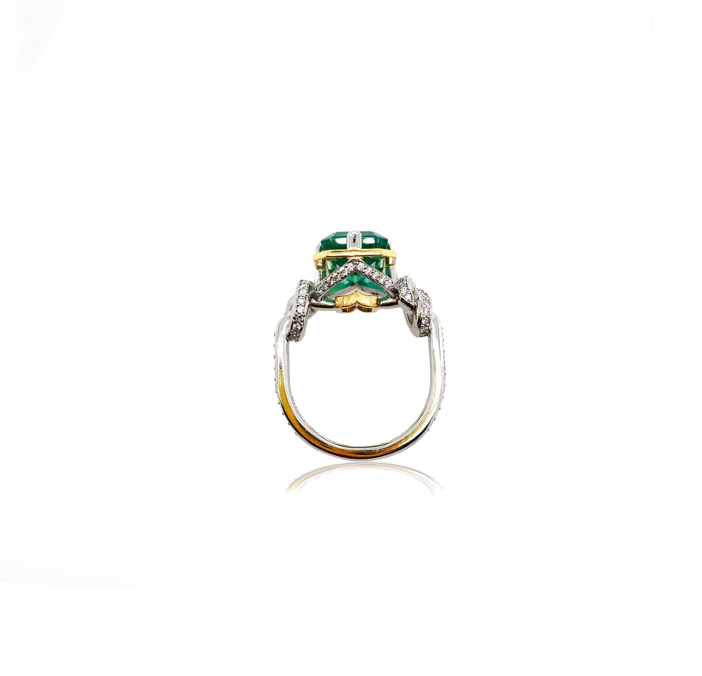 One of a Kind 4ct Emerald Forget Me Knot Emerald Cut ring in 22ct Yellow Gold & Platinum