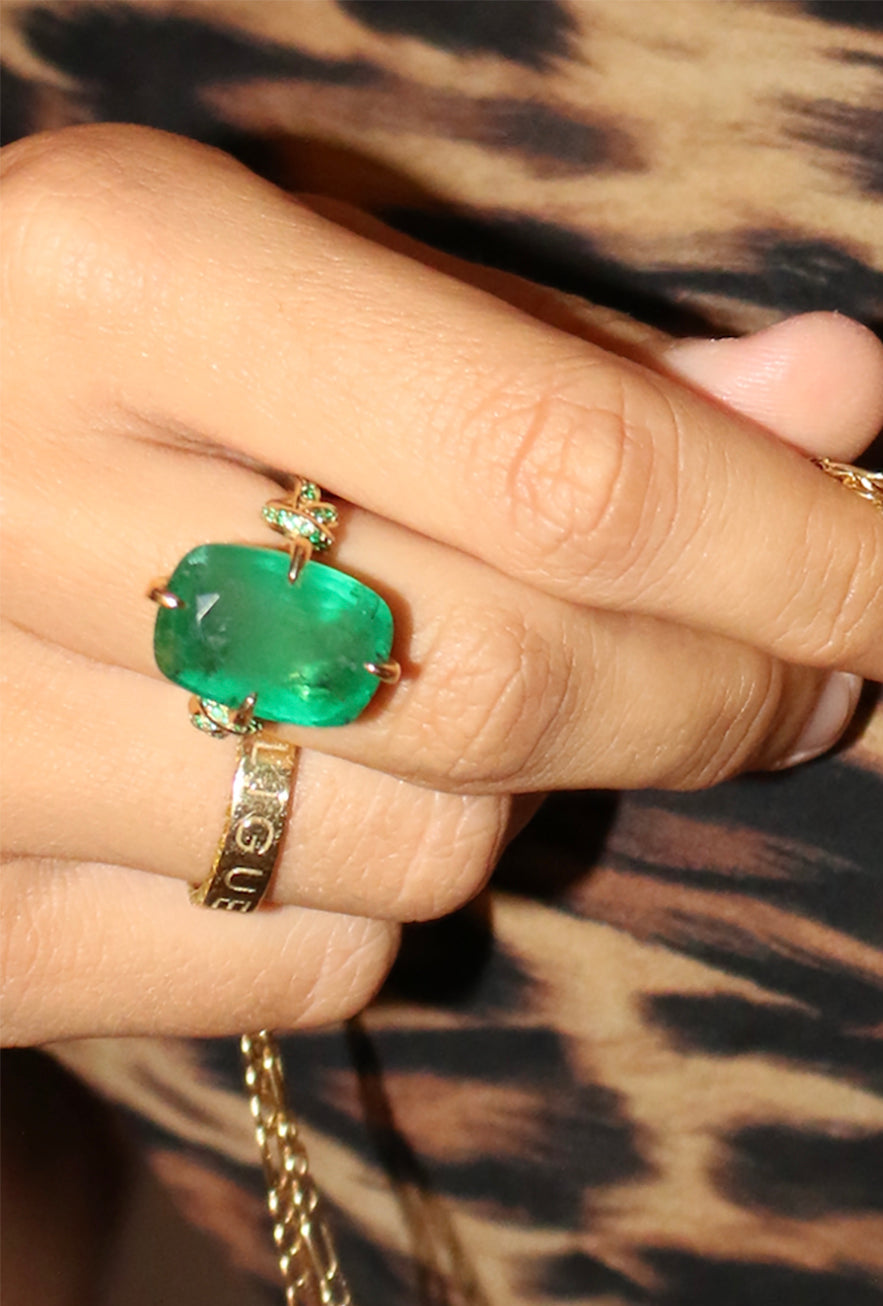 One Of A Kind 12.68ct Cushion Cut Emerald Forget Me Knot ring with emeralds