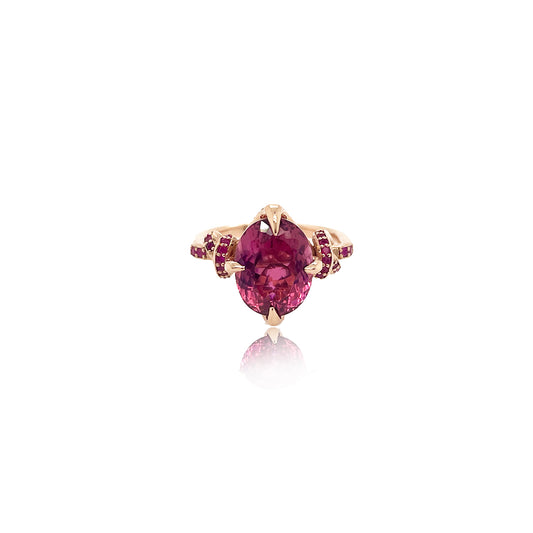 6ct Forget Me Knot ring with Round Pink Tourmaline and Rubies in 18ct rose gold