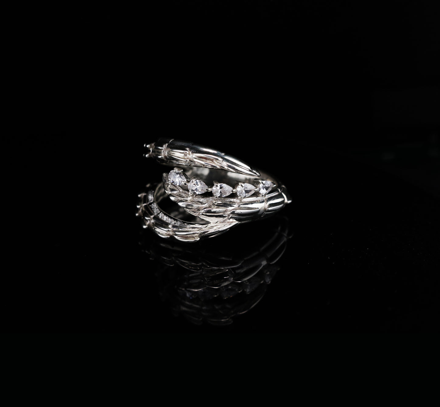 Tri Tail Croc Tail Ring with Pear Cut Diamonds