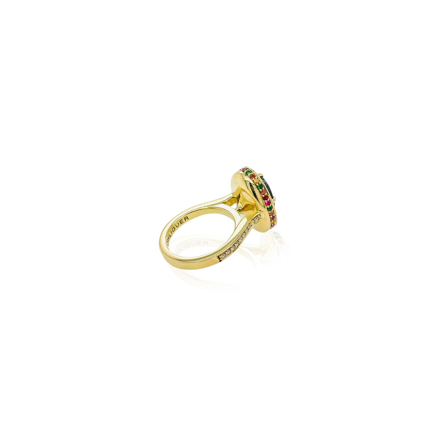 Black Opal & Rainbow sapphire and diamond ring in 18ct yellow gold